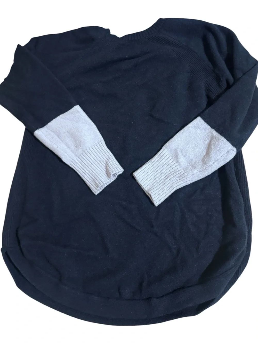 Anthropologie Navy Crewneck Sweater with Lavender Sleeve Accents
